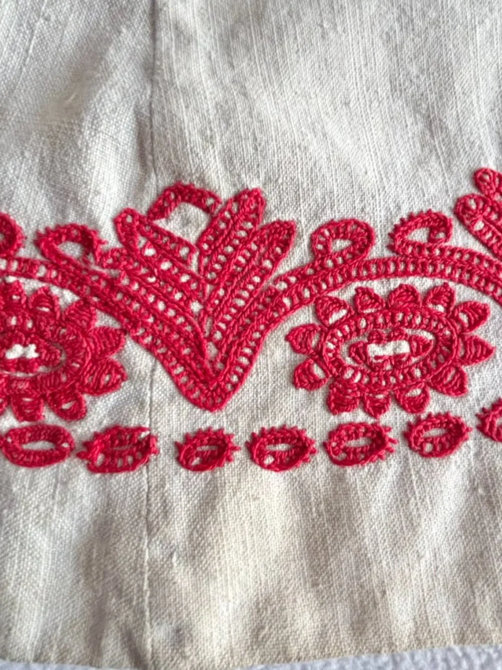 Vintage White Linen Handmade Embroidered Hungarian Folk Style Dress